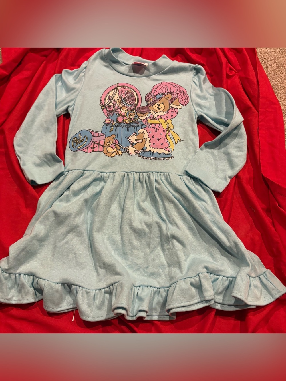 VTG girls' long-sleeve dress teddy bear dressing up in front of a vanity Size 6